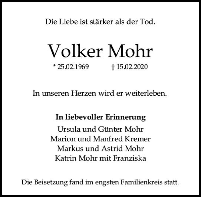  Traueranzeige für Volker Mohr vom 07.03.2020 aus vrm-trauer