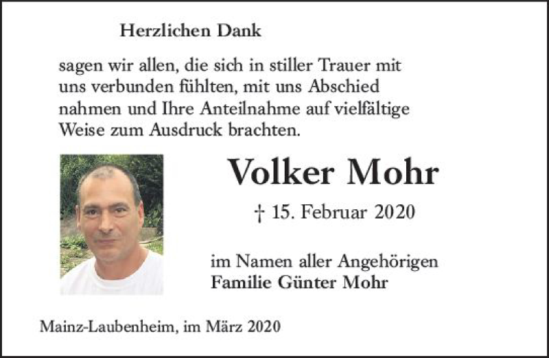  Traueranzeige für Volker Mohr vom 21.03.2020 aus vrm-trauer