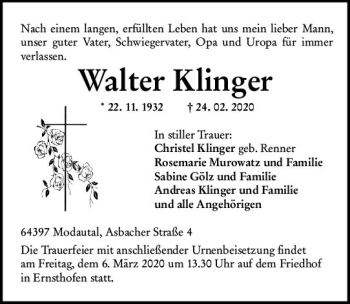 Traueranzeige von Walter Klinger von vrm-trauer