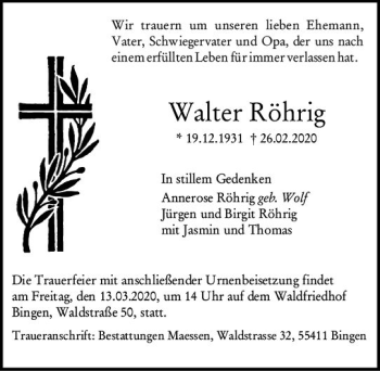 Traueranzeige von Walter Röhrig von vrm-trauer