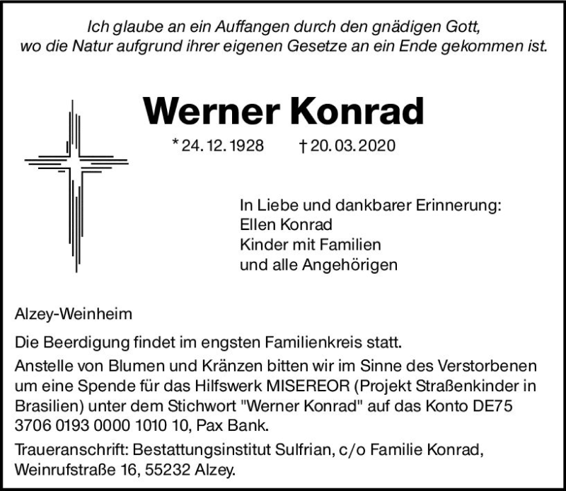  Traueranzeige für Werner Konrad vom 24.03.2020 aus vrm-trauer