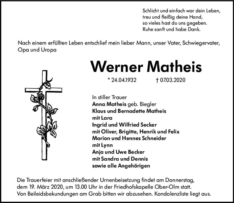  Traueranzeige für Werner Matheis vom 14.03.2020 aus vrm-trauer