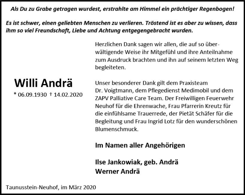  Traueranzeige für Willi Andrä vom 07.03.2020 aus vrm-trauer
