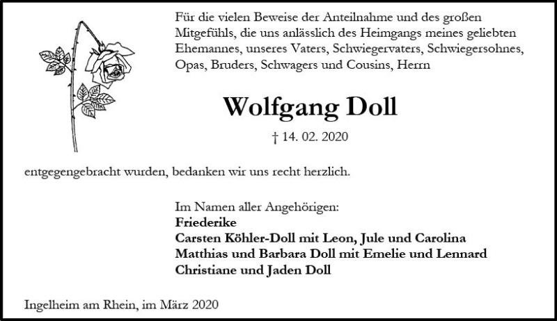 Traueranzeige für Wolfgang Doll vom 14.03.2020 aus vrm-trauer