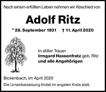 Traueranzeige von Adolf Ritz von vrm-trauer