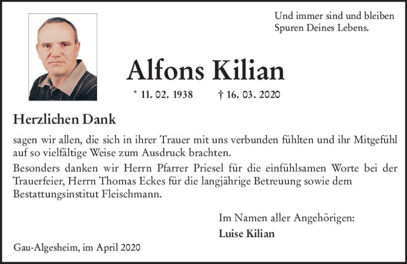  Traueranzeige für Alfons Kilian vom 04.04.2020 aus vrm-trauer