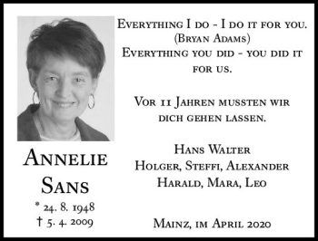 Traueranzeige von Annelie Sans von vrm-trauer