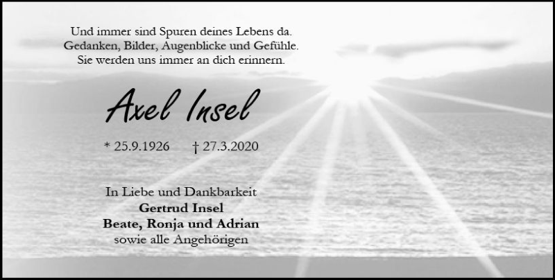  Traueranzeige für Axel Insel vom 04.04.2020 aus vrm-trauer