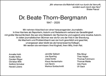 Traueranzeige von Beate Thorn-Bergmann von vrm-trauer