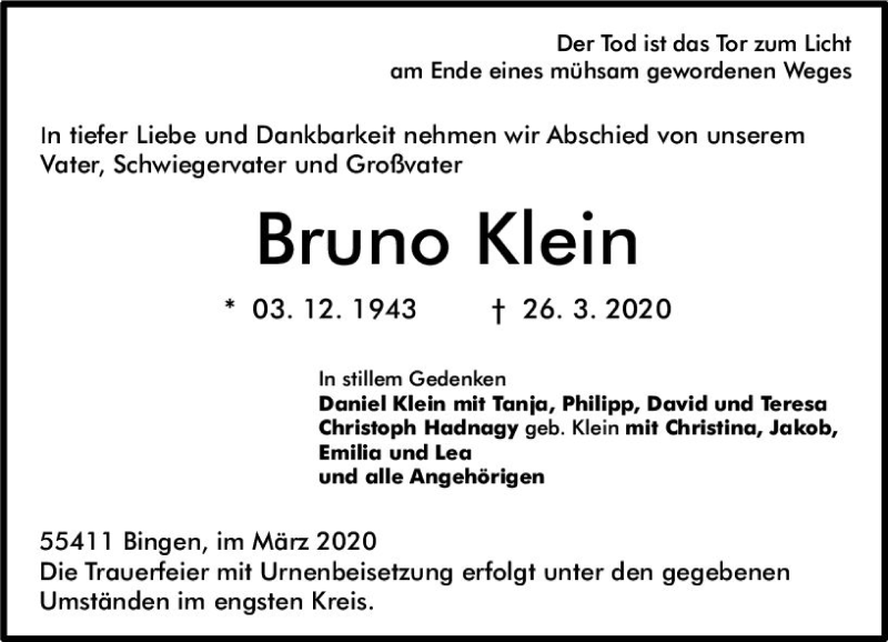  Traueranzeige für Bruno Klein vom 04.04.2020 aus vrm-trauer