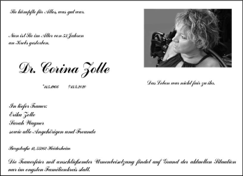 Traueranzeige von Corina Zolle von vrm-trauer