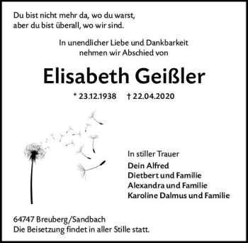 Traueranzeige von Elisabeth Geißler von vrm-trauer