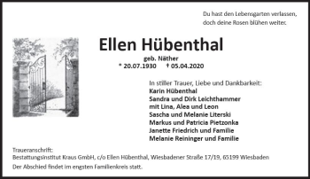 Traueranzeige von Ellen Hübenthal von vrm-trauer