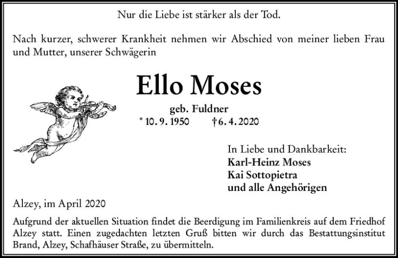  Traueranzeige für Ello Moses vom 11.04.2020 aus vrm-trauer