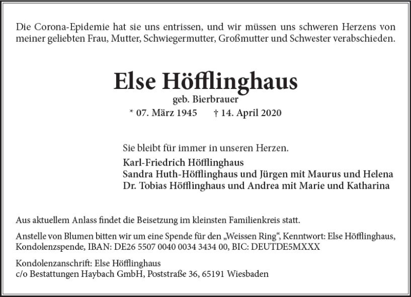  Traueranzeige für Else Höfflinghaus vom 22.04.2020 aus vrm-trauer