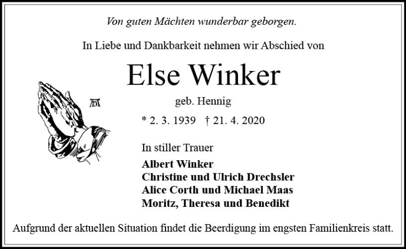  Traueranzeige für Else Winker vom 25.04.2020 aus vrm-trauer