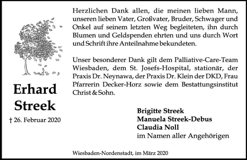  Traueranzeige für Erhard Streek vom 28.03.2020 aus vrm-trauer