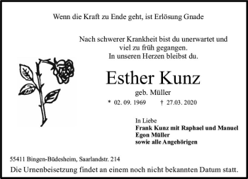 Traueranzeige von Esther Kunz von vrm-trauer