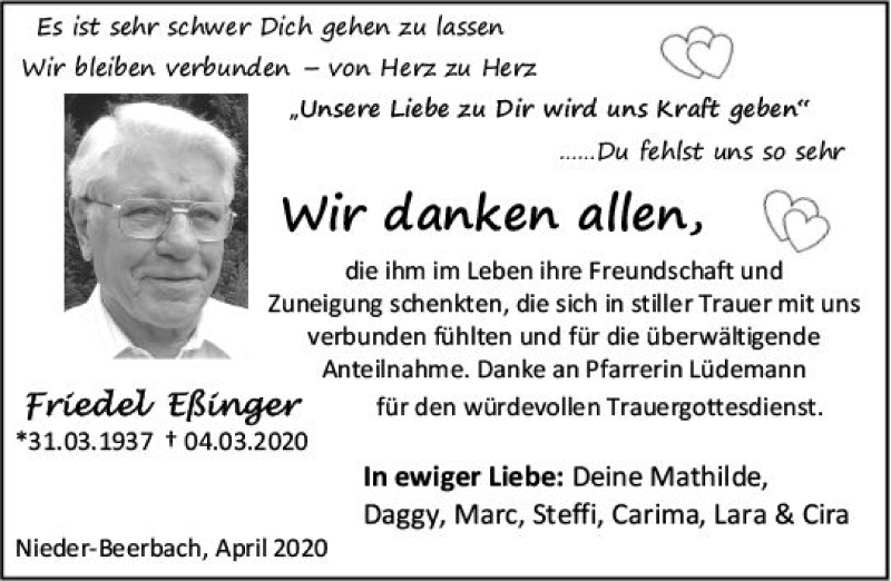  Traueranzeige für Friedel Eßinger vom 18.04.2020 aus vrm-trauer