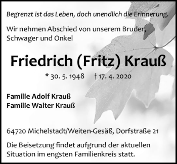 Traueranzeige von Friedrich Krauß von vrm-trauer