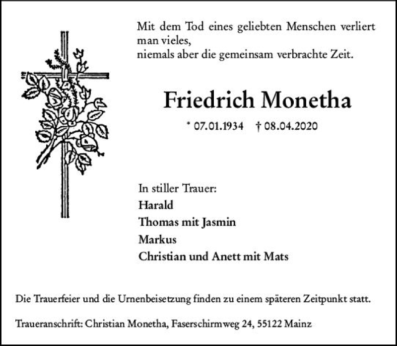  Traueranzeige für Friedrich Monetha vom 18.04.2020 aus vrm-trauer