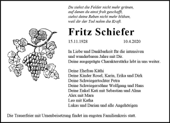 Traueranzeige von Fritz Schiefer von vrm-trauer
