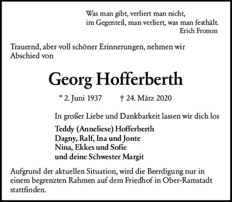  Traueranzeige für Georg Hofferberth vom 28.03.2020 aus vrm-trauer