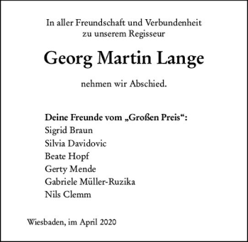 Traueranzeige von Georg Martin Lange von vrm-trauer