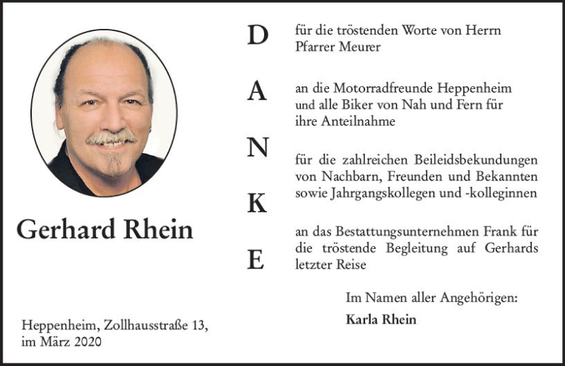  Traueranzeige für Gerhard Rhein vom 28.03.2020 aus vrm-trauer