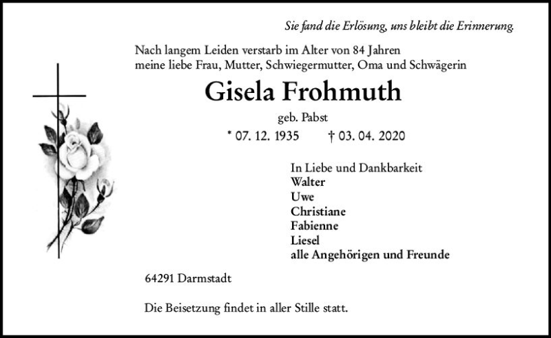  Traueranzeige für Gisela Frohmuth vom 11.04.2020 aus vrm-trauer