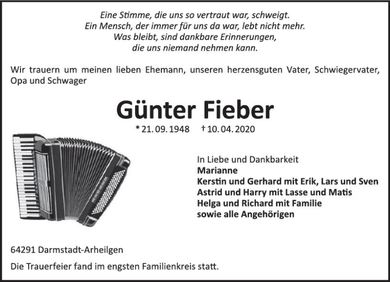  Traueranzeige für Günter Fieber vom 18.04.2020 aus vrm-trauer
