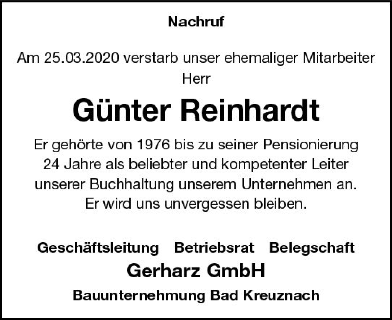  Traueranzeige für Günter Reinhardt vom 01.04.2020 aus vrm-trauer
