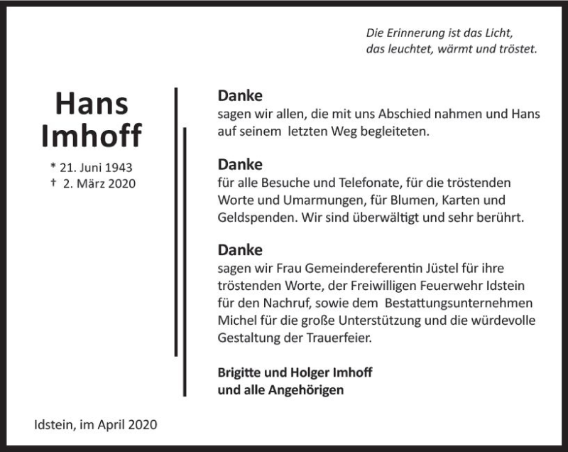  Traueranzeige für Hans Imhoff vom 11.04.2020 aus vrm-trauer