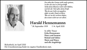 Traueranzeige von Harald Hennemannn von vrm-trauer