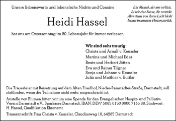 Traueranzeige von Heidi Hassel von vrm-trauer