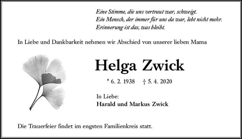  Traueranzeige für Helga Zwick vom 17.04.2020 aus vrm-trauer