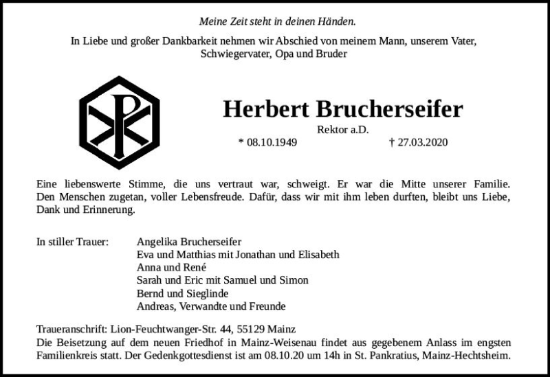  Traueranzeige für Herbert Brucherseifer vom 04.04.2020 aus vrm-trauer