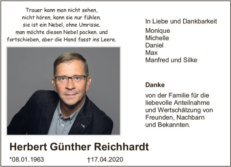  Traueranzeige für Herbert Günther Reichhardt vom 25.04.2020 aus vrm-trauer