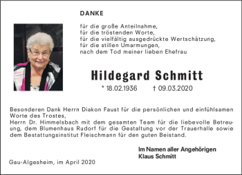 Traueranzeige von Hildegard Schmitt von vrm-trauer