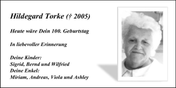 Traueranzeige von Hildegard Torke von vrm-trauer