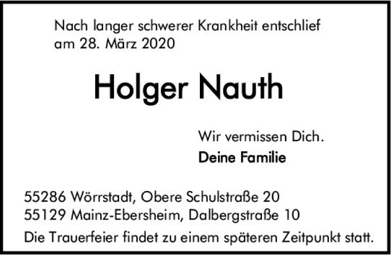  Traueranzeige für Holger Nauth vom 04.04.2020 aus vrm-trauer