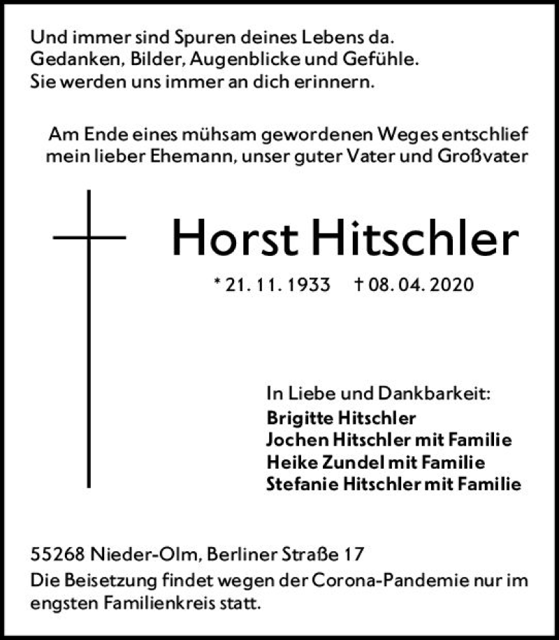  Traueranzeige für Horst Hitschler vom 25.04.2020 aus vrm-trauer