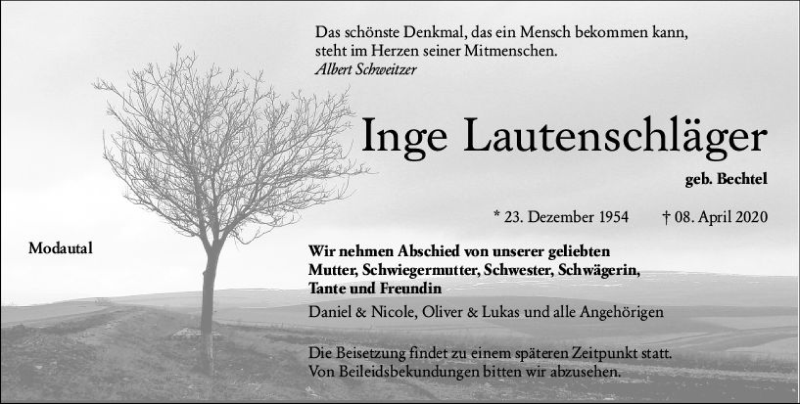  Traueranzeige für Inge Lautenschläger vom 25.04.2020 aus vrm-trauer