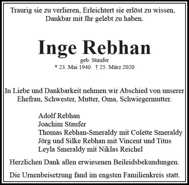  Traueranzeige für Inge Rebhan vom 18.04.2020 aus vrm-trauer