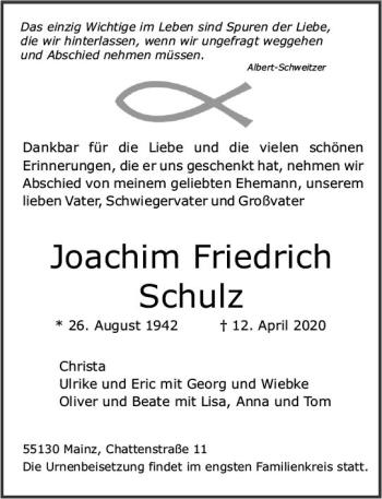 Traueranzeige von Joachim Friedrich Schulz von vrm-trauer
