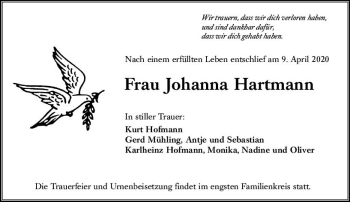 Traueranzeige von Johanna Hartmann von vrm-trauer