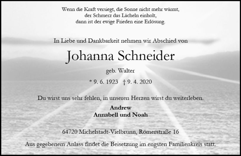  Traueranzeige für Johanna Schneider vom 18.04.2020 aus vrm-trauer
