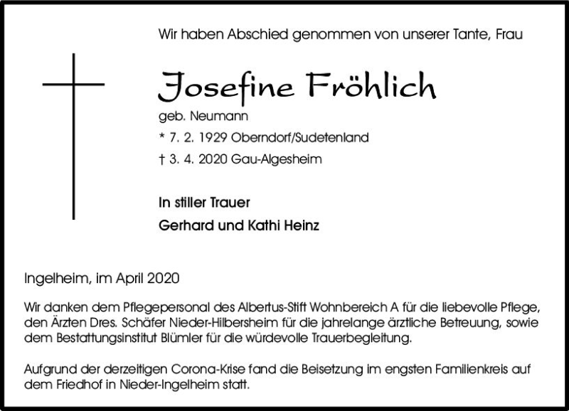  Traueranzeige für Josefine Fröhlich vom 18.04.2020 aus vrm-trauer
