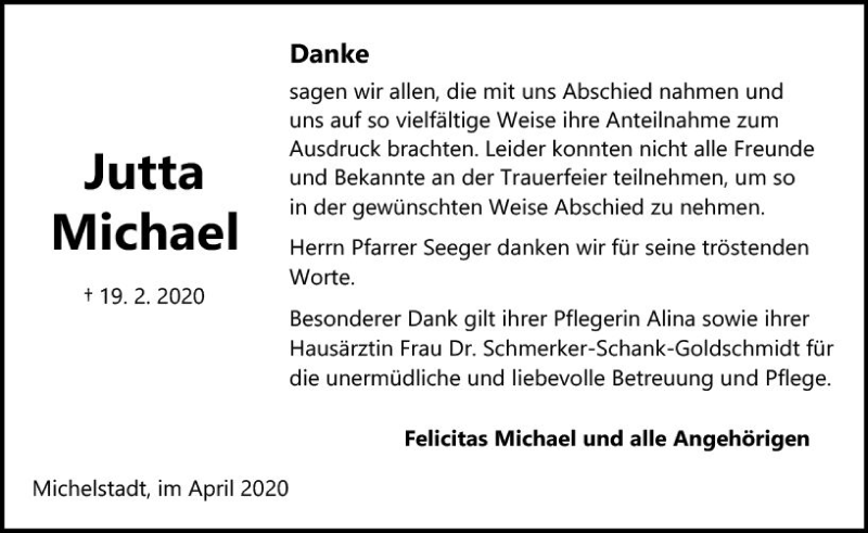 Traueranzeige für Jutta Michael vom 25.04.2020 aus vrm-trauer