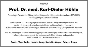 Traueranzeige von Karl-Dieter Höhle von vrm-trauer